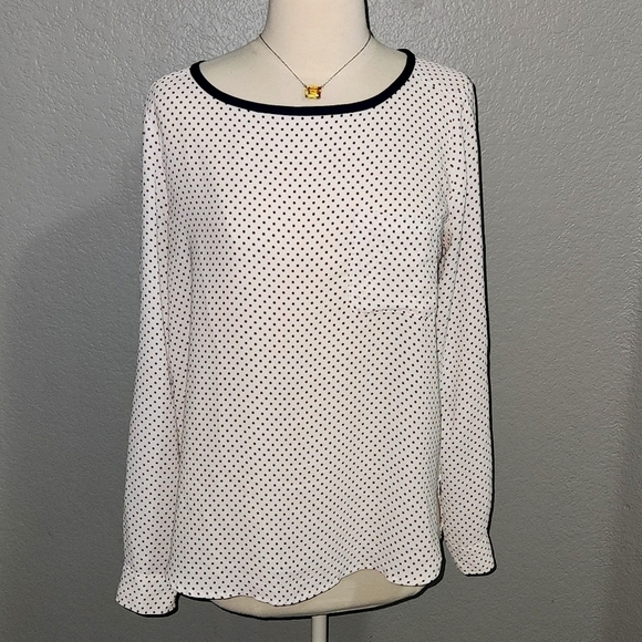 Loft Ann Taylor long sleeve polyester Navy and Brown Polka Dot Blouse Size Small - Picture 1 of 6
